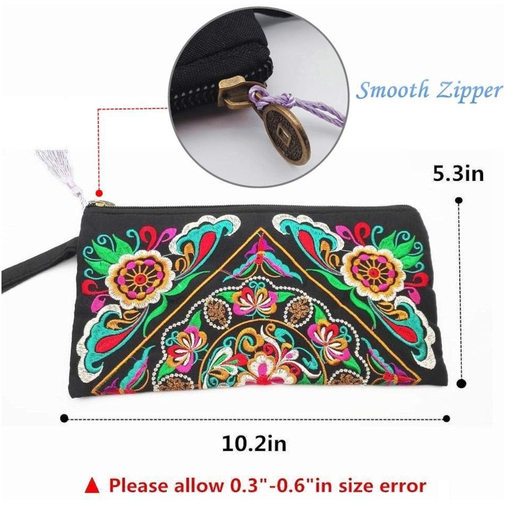 NEW| Boho Embroidered Flower Wristlet Clutch Handbag - Picture 10 of 11